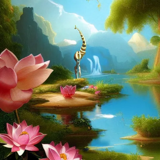 Prompt: very detailed and perfectly readable fine and soft relevant out of lines soft edges painting by beautiful walt disney animation films of the late 1 9 9 0 s and thomas cole in hd, we see a zebra unicorn standing in a lake, lotus flowers, beautiful, nice lighting, perfect readability