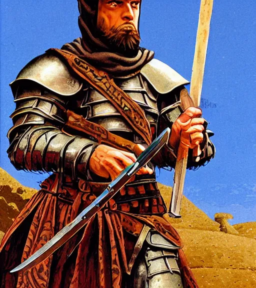 Image similar to character art illustration of a medieval Byzantine infantry warrior by Angus McBride.