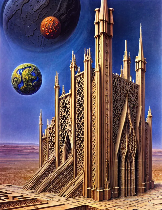 Image similar to close shot of a giant immense squared crematorium gothic architecture advanced technology scifi architectural structure desert planet, fantasy, d & d, intricate, painting by lucian freud and mark brooks, bruce pennington,