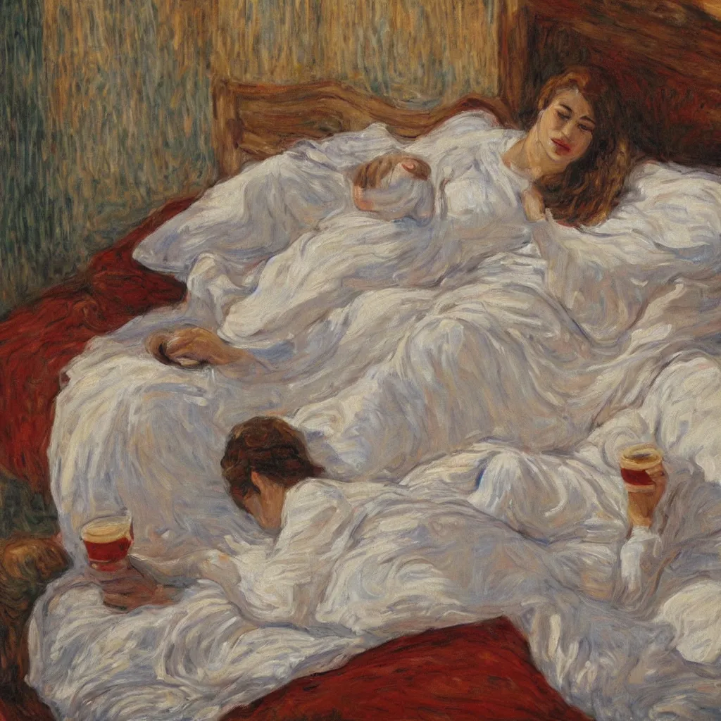 Image similar to a beautiful painting of a beautiful woman drinking coffee in a bed with white sheets drinking coffee in the style of Monet