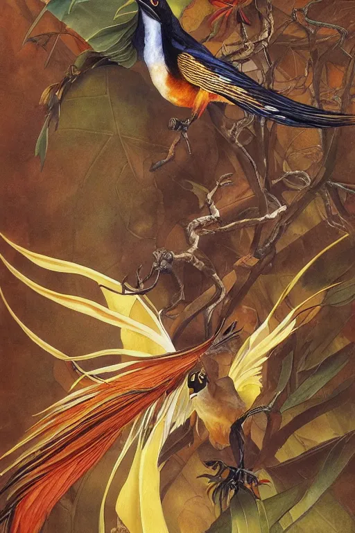 Prompt: king of saxony bird - of - paradise energy, painted by stephen hickman and tom jung and greg theakston and matthew stawicki, trending on artstation, dramatic brown and lime lighting side view illustrator, symbolism, very very intricate, magic realism, minimalism