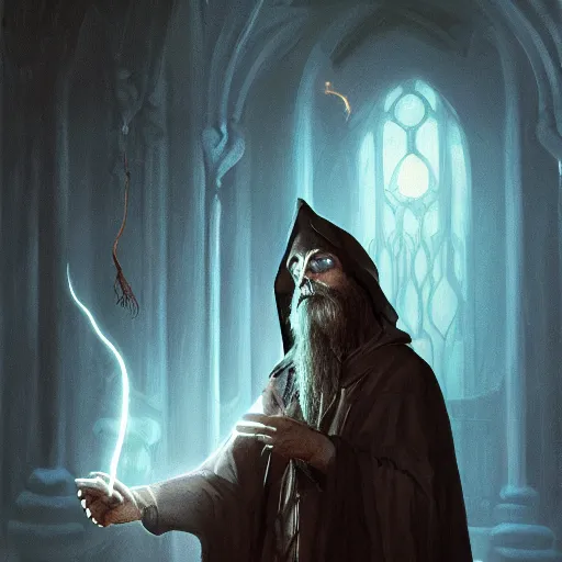 Prompt: a beautiful panting of a dark wizard casting a spell, alchemist lab, hyperrealistic, cinematic atmosphere, epic, artstation, moebius