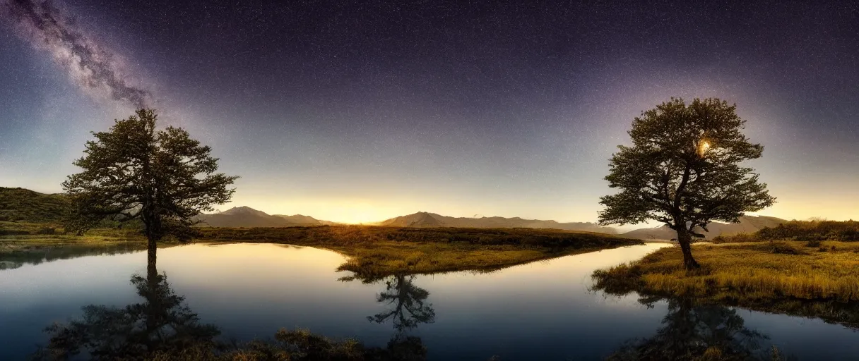 Prompt: Tree, mountains, river, landscape, photo, universe in the sky, cinematic lighting, 4k, wide angle, warm tones, Earth, wind, reflections