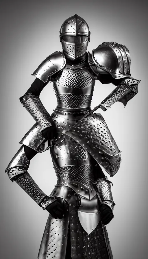 Image similar to female knight, armor created by louis vuitton in collaboration with versace, no helmet, symmetrical, cinematic, elegant, professional studio light, real dlsr photography, sharp focus, 4 k, ultra hd, sense of awe