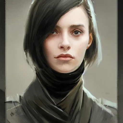 Image similar to Portrait of a woman by Greg Rutkowski, she is about 20 years old, round face, mixture between german and russian, black bob hair, attractive, determined but resentful look, she is wearing futuristic military fatigues with a black scarf, highly detailed portrait, scifi, digital painting, artstation, concept art, smooth, sharp foccus ilustration, Artstation HQ.