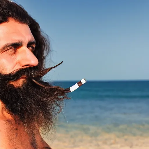 Image similar to bearded italian man with long hair smoking a cigarette on the beach, sitting next to his dog