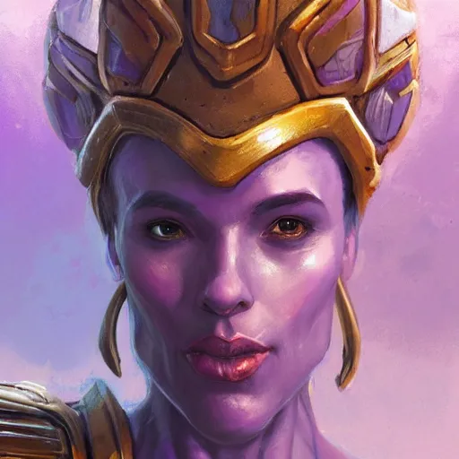 Image similar to thanos as an attractive young smiling woman wearing a mushroom crown and heavy armoured wedding dress, face portrait, hd shot, digital portrait, beautiful, fantasy art, artstation, comic style, by artgerm, guy denning, jakub rozalski, magali villeneuve and charlie bowater