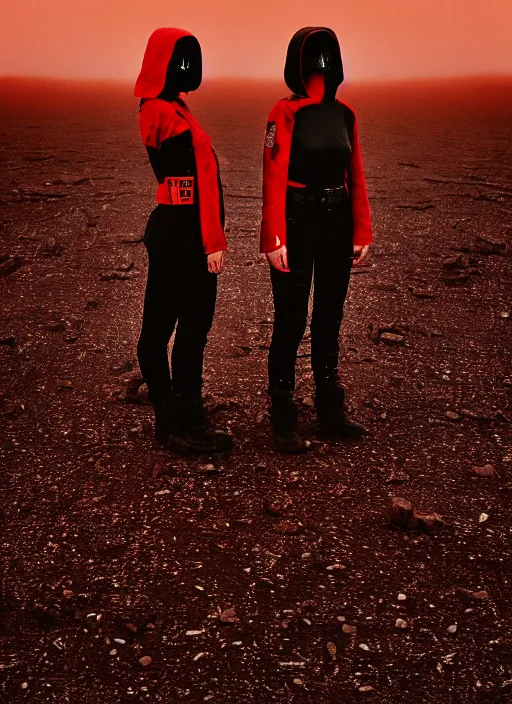 Image similar to cinestill 5 0 d photographic portrait of two loving female androids wearing rugged black techwear on a desolate plain with a red sky, extreme closeup, lizard on ground, cyberpunk style, in front of a brutalist dark metal facility, dust storm, 3 5 mm, 8 k, hd, high resolution, f / 3 2, ultra realistic faces