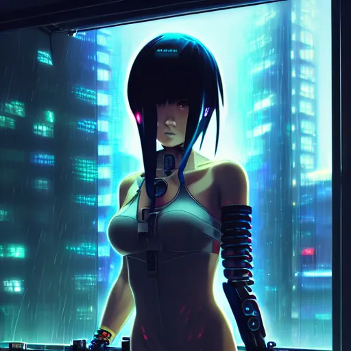 Image similar to cyberpunk anime art, beautiful cyborg girl in the style of arcane holding excalibur, full round face, biomechanical details, full body shot, rain, wet street, window reflections, lens flare, wlop, ilya kuvshinov, artgerm, krenz cushart, greg rutkowski