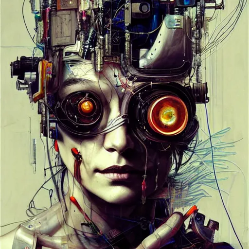 Image similar to shannyn sossamon as a cyberpunk hacker, wires cybernetic implants, in the style of adrian ghenie, esao andrews, jenny saville, surrealism, dark art by james jean, takato yamamoto