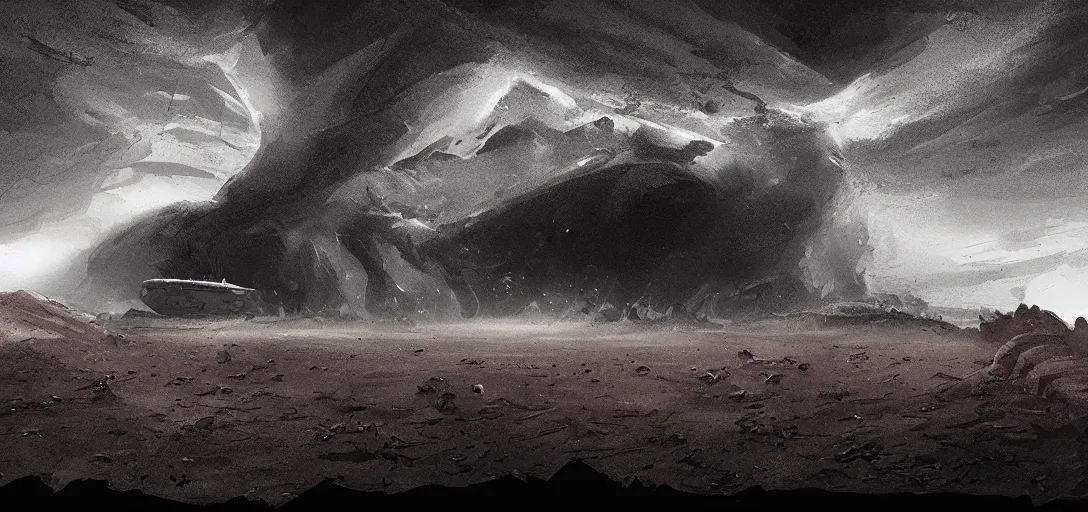 Prompt: ship landing on a desert planet, matte of dark smoke vortex tornado, black smoke particles, evil, dark colors, dark background, dark underground cave, in the graphic style of and Patrick Gleason, high key lighting, detailed art, trending on Artstation, sharp focus, comic art, horror concept art, smooth,