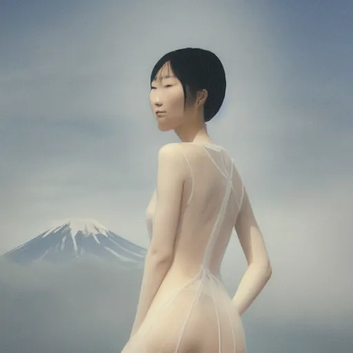 Image similar to a instax photo of fuji mountain, a tall japanese girl in a transparent sheer fabric dress against the background of fuji mountain, severe snow, full body shot, perfect symmetrical body, perfect symmetrical face, coherent symmetrical eyes, by peter kemp, by monia merlo, hyperrealistic, hyperdetailed, octane render, 8 k