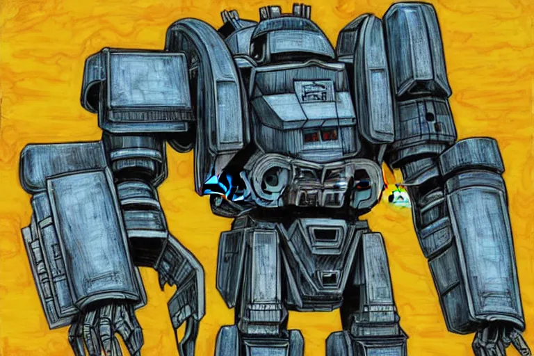 Image similar to giant war robot, photoillustration ink drawing acrylic art digital illustration oil on canvas photorealistic polished sci - fi ukiyo - e david rios ferreira filmic stock photo landscape polished photorealistic