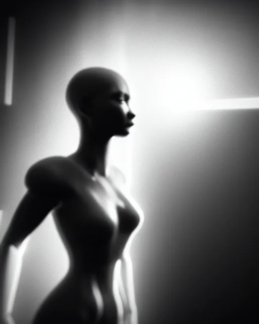 Prompt: black and white high quality photo of a beautiful female cyborg looking into a sci-fi mirror, volumetric lighting, liminal space, brutalism, foggy, dreamy, hyperdetailed, bokeh, photorealistic, cinematic, masterpiece, Metropolis, elegant, dark, octane render, 8K, in the style of H.R. Giger