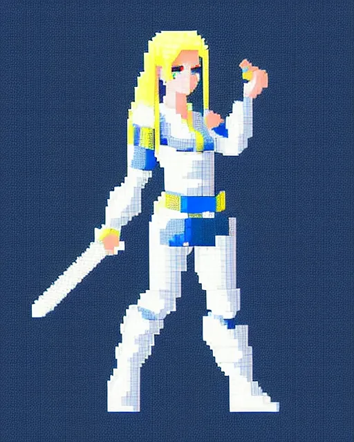 Prompt: a pixel single sprite of a girl holding a blue sword, in white futuristic armor, black background, pixel art, isometric view, 1 6 px x 1 6 px, 2 d game art, 1 6 bit, dynamic pose, # pixelart