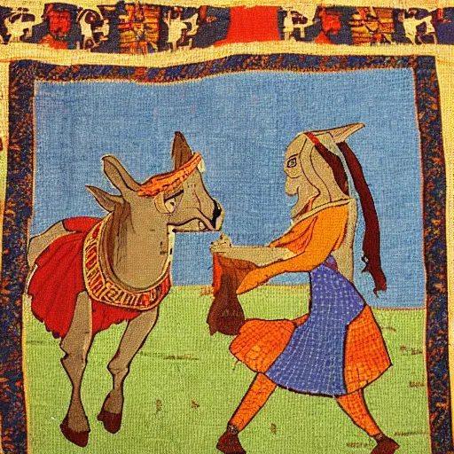 Image similar to medieval tapestry depicting shrek and donkey