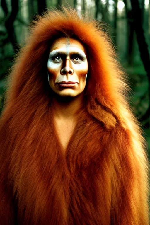 Prompt: a professional portrait photo of a neanderthal woman forest, face paint, ginger hair and fur, extremely high fidelity, natural lighting, still from the movie quest for fire