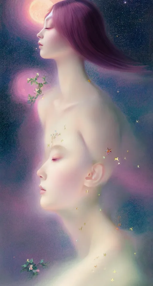 Prompt: breathtaking delicate detailed concept art painting beauty creature with starry night inside, by hsiao - ron cheng, bizarre compositions, exquisite detail, pastel colors, 8 k