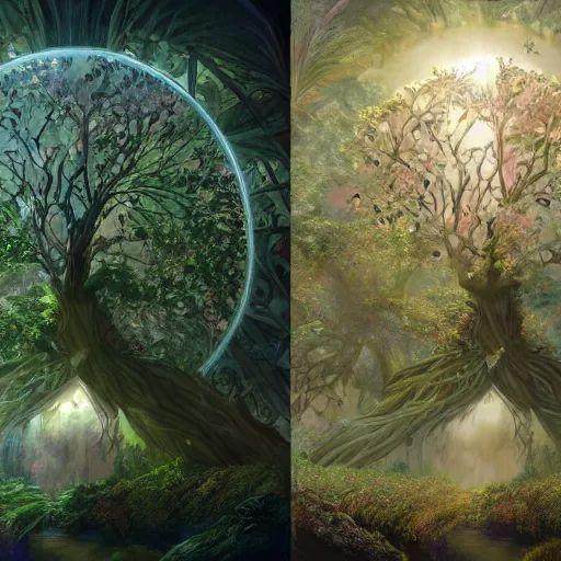 Image similar to tree of life, four seasons, volymetric light, highly detailed matte painting by ( ohrai ), charlie bowater and mark brooks and