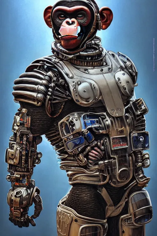 Image similar to a portrait of a muscular anthropomorphic cyberpunk chimp in spacesuit armor with ensignia on chest plate by sandra chevrier, by jon foster, detailed render, post - processing, extremely hyperdetailed, intricate, epic composition, cybernetics, 4 k realistic, cryengine, realistic shaded lighting, sharp focus, masterpiece, by enki bilal