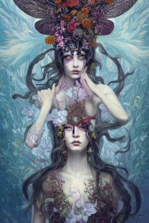Prompt: breathtaking detailed concept art painting of the goddess of death moth, orthodox saint, with anxious, piercing eyes, ornate background, amalgamation of leaves and flowers, by Hsiao-Ron Cheng, James jean, Miho Hirano, Hayao Miyazaki, extremely moody lighting, 8K