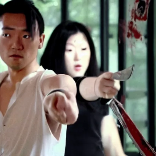 Image similar to film still of justin sun from kill bill, blood spattered chainsaw bride