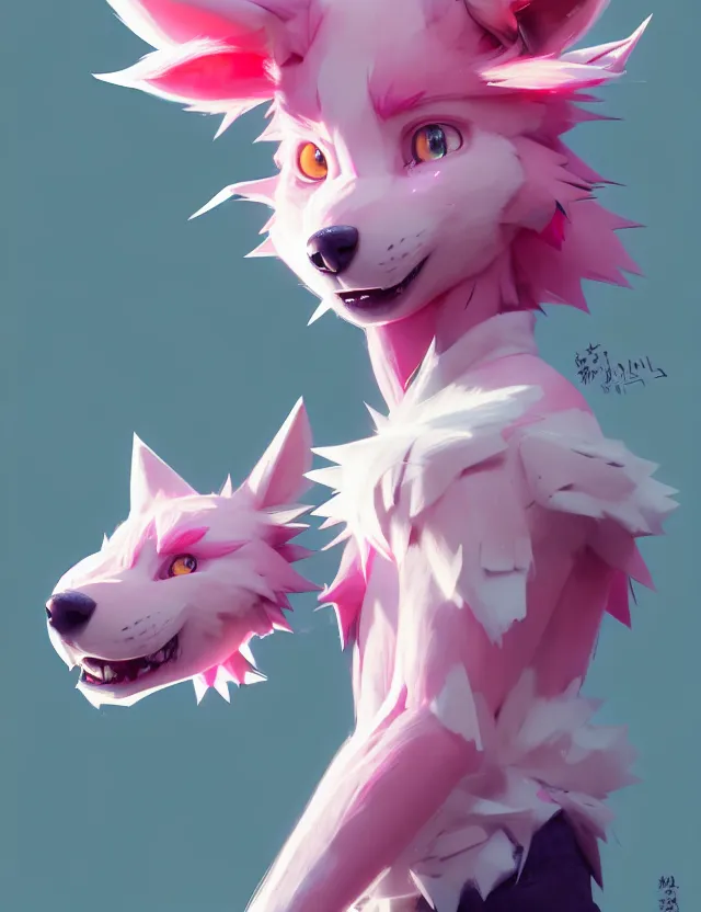 Image similar to a beautiful fullbody portrait of a cute anime boy with pink hair and pink wolf ears. character design by cory loftis, fenghua zhong, ryohei hase, ismail inceoglu and ruan jia. artstation, volumetric light, detailed, photorealistic, fantasy, rendered in octane