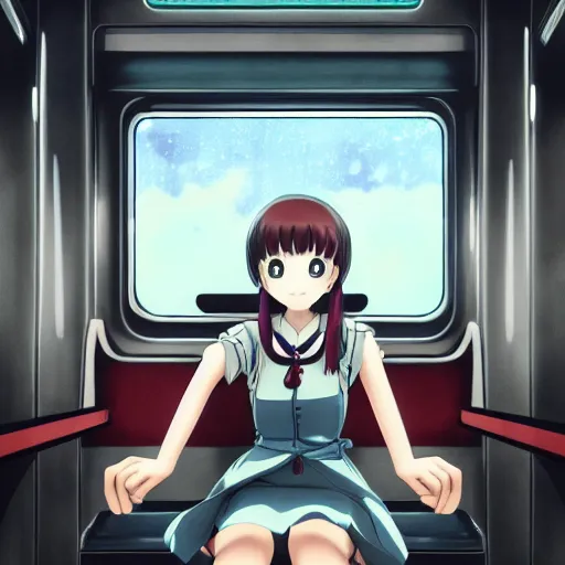 Image similar to portrait of the lone girl sitting in an empty train carriage, anime fantasy illustration by tomoyuki yamasaki, kyoto studio, madhouse, ufotable, trending on artstation