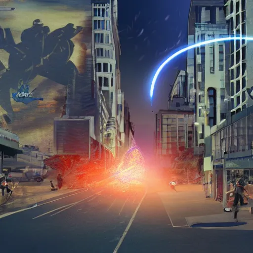 Image similar to photo realistic auckland city attacked by laser kiwi, artstation