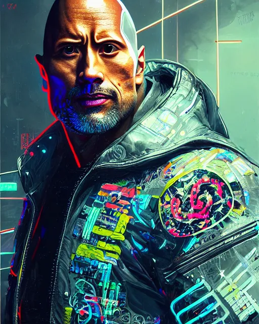 Image similar to detailed portrait Dwayne Johnson, cyberpunk futuristic neon, reflective leather jacket, decorated with traditional Japanese ornaments by Ismail inceoglu dragan bibin hans thoma greg rutkowski Alexandros Pyromallis Nekro Rene Maritte Illustrated, fine details, realistic shaded