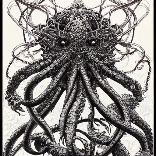 Prompt: portrait of crazy cthulhu, symmetrical, by yoichi hatakenaka, masamune shirow, josan gonzales and dan mumford, ayami kojima, takato yamamoto, barclay shaw, karol bak, yukito kishiro