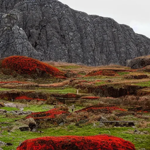 Image similar to the ruins of a giant village made out of stone bricks and overgrown with red moss, in a landscape with hills and swirling trees, and giant black crimson mountains on the horizon, gloomy
