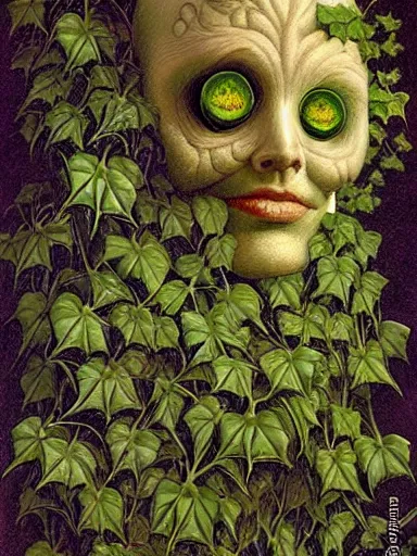 Image similar to The Hanging-Gardens of Pareidolia, ivy, verbena and pothos growing facial features and optical-illusions!!!!!, aesthetic!!!!, by Gerald Brom in the style of Johfra Bosschart in the style of,