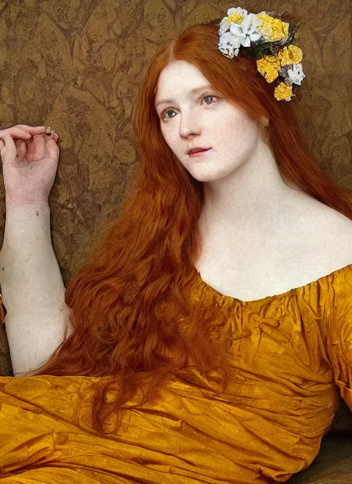 Image similar to preraphaelite portrait photography reclining on bed, brown hair fringe, yellow ochre ornate medieval dress, william morris, 4 k