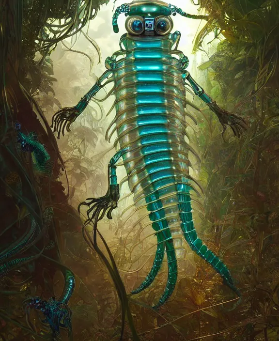 Image similar to opulent transparent clear see - through portrait of a terrifying beautiful male alien centipede robot, mottled coloring, adorable, childlike, overgrown biopunk jungle environment, ultra realistic, concept art, art nouveau, photorealistic, octane render, 8 k, unreal engine. art by christopher marley and artgerm and greg rutkowski and alphonse mucha