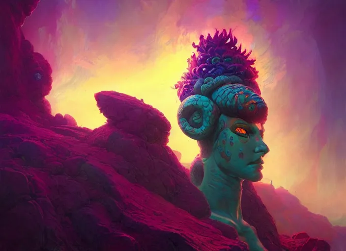 Prompt: A psychedelic portrait of stone giant dreamwalker marilith (summoner variant) , vibrant color scheme, highly detailed, in the style of romanticism, cinematic, artstation, Moebius, Greg rutkowski