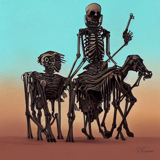 Prompt: The drawing features a human figure driving a chariot. The figure is skeletal and frail, with a large head and eyes. The chariot is pulled by two animals, which are also skeletal and frail. in the Central African Republic by Atey Ghailan unified