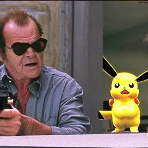 Prompt: Jack Nicholson plays Terminato and he shoots Pikachu, yellow fur explodes