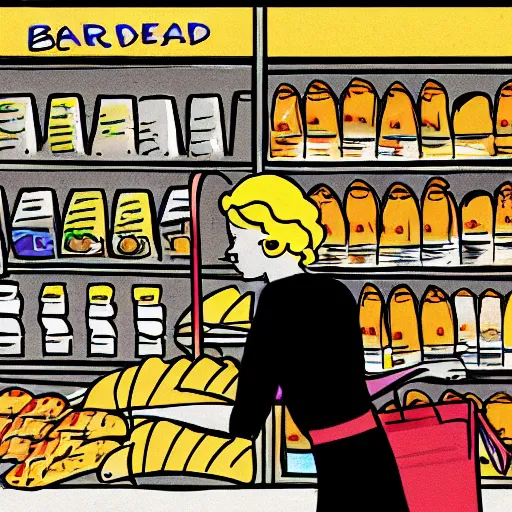 Image similar to drawing of a rich blonde woman buying bread in a supermarket