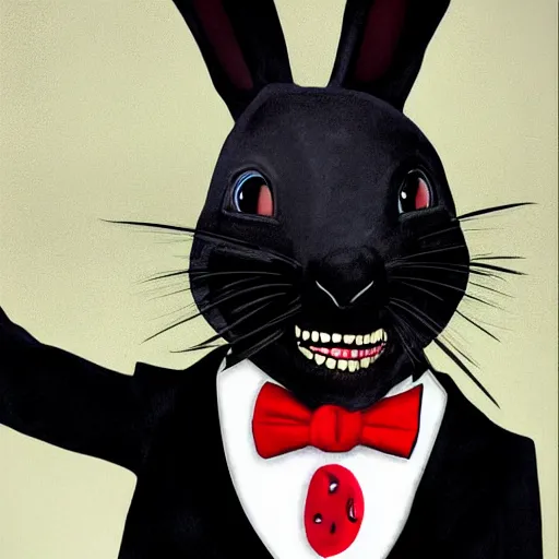 Prompt: A extremely highly detailed majestic hi-res beautiful, highly detailed head and shoulders portrait of a scary terrifying, horrifying, creepy black cartoon rabbit with a bowtie and scary big eyes, earing a shirt laughing, hey buddy, let's be friends, in the style of Walt Disney