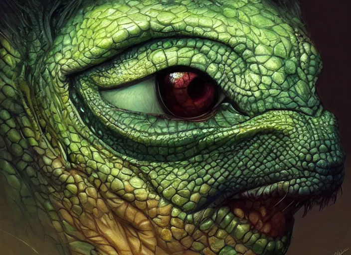 Prompt: bob odenkirk reptile eyes, green skin. intricate, elegant, highly detailed, centered, digital painting, artstation, concept art, smooth, sharp focus, illustration, artgerm, tomasz alen kopera, peter mohrbacher, donato giancola, joseph christian leyendecker, wlop, frank frazetta