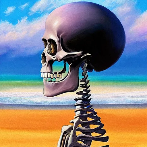 Prompt: (((Beautiful digital painting portrait))) of relaxed skeleton walking on the tropical beach!!! with nuclear bomb explosion in the background!!!, by James Gurney, high quality, trending on Artstation, realistic, tropical color scheme, anatomically correct skeleton, high coherence, blue sky