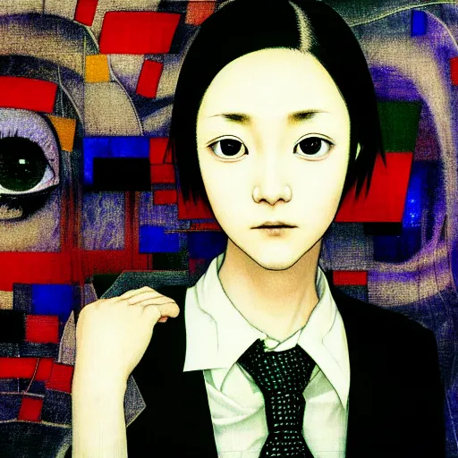 Image similar to yoshitaka amano blurred and dreamy realistic three quarter angle portrait of a young woman with short hair and black eyes wearing office suit with tie, junji ito abstract patterns in the background, satoshi kon anime, noisy film grain effect, highly detailed, renaissance oil painting, weird portrait angle, blurred lost edges