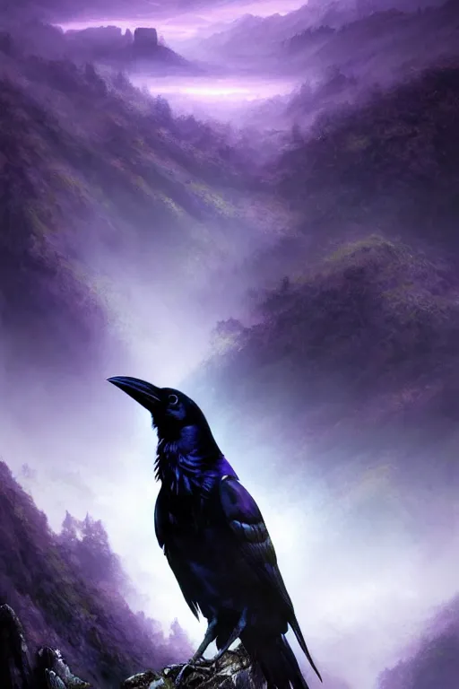 Image similar to portrait of a beautiful one raven perched on purple crystals that are glowing in a misty valley, establishing shot, extremly high detail, foto realistic, cinematic lighting, by yoshitaka amano, ruan jia, kentaro miura, artgerm, post processed, concept art, artstation, raphael lacoste, alex ross