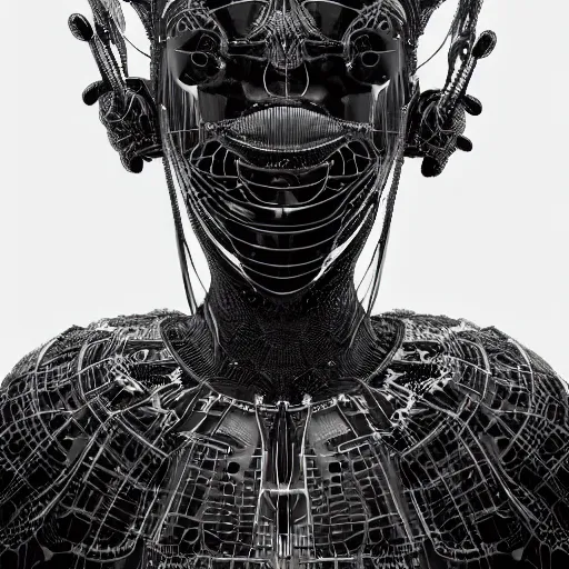 Image similar to portrait of an absurdly beautiful, graceful, sophisticated, fashionable black cyberpunk mechanoid gravure idol, ultrafine hyperdetailed illustration by irakli nadar, alek wek, matt wisniewski style, intricate linework, ebony skin, neon jellyfish headdress, ivory carved ruff, unreal engine 5 highly rendered, global illumination, radiant light, detailed and intricate environment