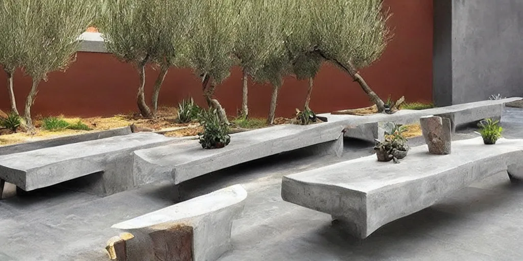 Prompt: creative concrete benches, colorful, olive trees, decking