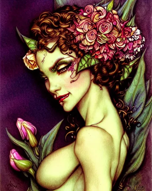 Image similar to burlesque elf, flowers in hair, fantasy character portrait, ultra realistic, concept art, intricate details, art nouveau, cinematic, highly detailed by boris vallejo, chris achilleos, arthur rackham