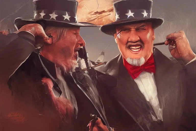 Prompt: uncle sam hitting steven seagal, intricate, elegant, highly detailed, digital painting, artstation, concept art, smooth, sharp focus, illustration, art by greg rutkowski, masterpiece, perfect composition, award - winning photography, cgsociety