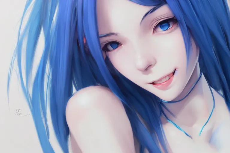 Image similar to Beautiful girl, blue hair, symmetrically, smiling, pixiv, artist WLOP artstation, artist Mam BA artstation, real photo, very detailed, realistic proportions, knowledge of anatomy, anatomy for beginners, true proportions of the face
