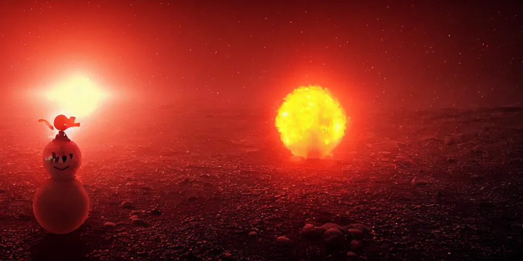 Image similar to a melted glowing snowman melting on top of the sun. the ground is made of fire and lava and is glowing orange. cinematic, dramatic, epic, volumetric lighting, atmospheric, red, orange extremely coherent, masterpiece, highly detailed, trending on artstation, 8 k, space, warm, solar flare, blade runner 2 0 4 9